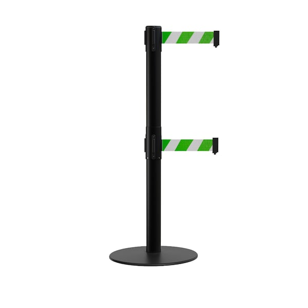 Montour Line Stanchion Dual Belt Barrier Flat Base Black Post 13ft. Grn/Whi Belt S400D-BK-GWD-130 - main